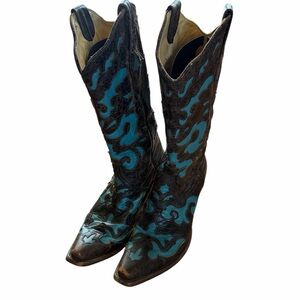 Elegant Brown & Turquoise Women's Heeled Cowgirl Boots